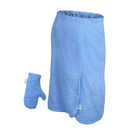 Махровый комплект для женщин (накидка 140х80см + рукавица) голубой
