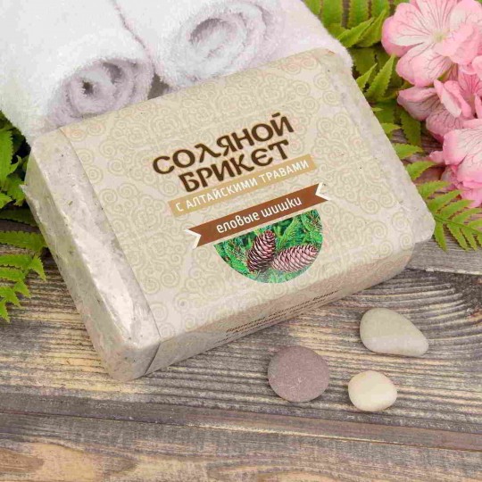 Соляной брикет , "Соляная баня" с Алтайскими травами "Еловые шишки" вес 1,35 кг для бани